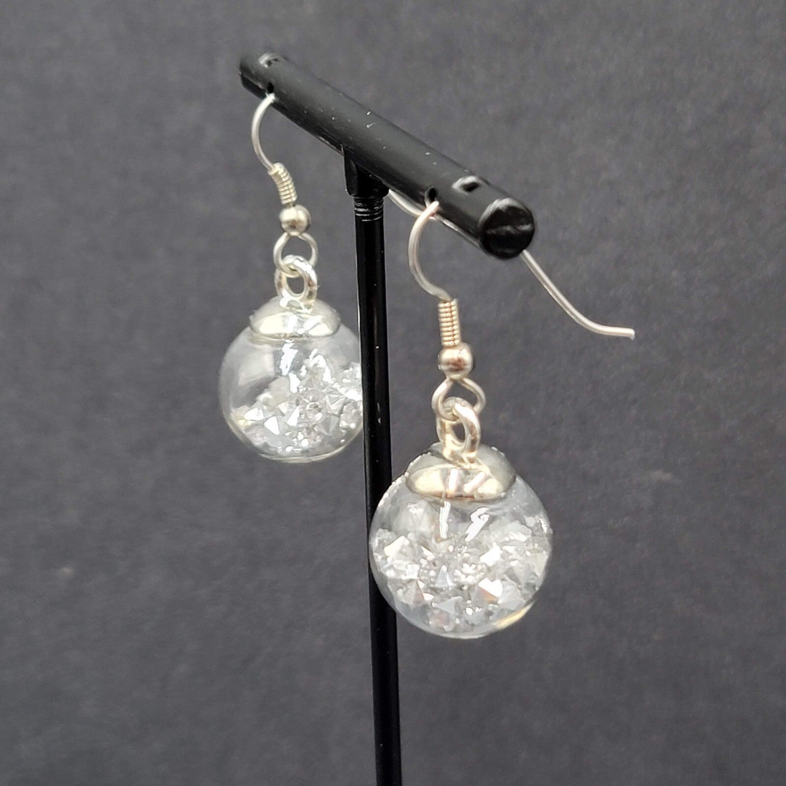 Pierced Earrings Silver tone Loose Silver Rhinestones Filled Sphere Dangle 3/4"