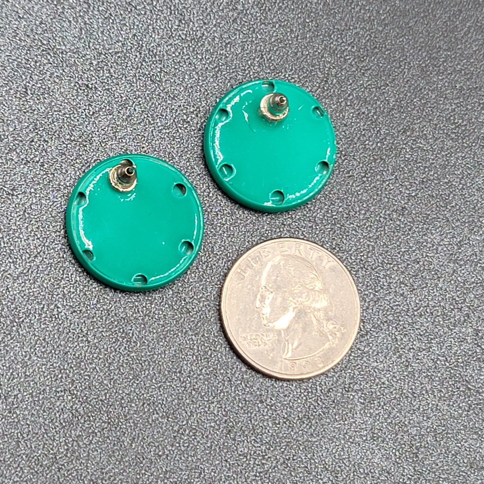 Vintage Pierced Earrings Green White Round Enamel 7/8"