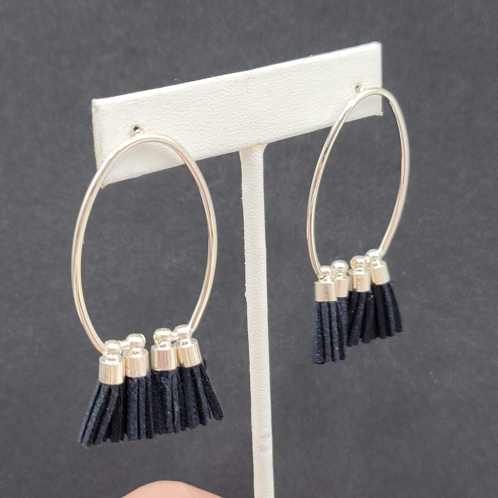 Pierced Earrings Silver tone Open Hoop Black Tassel Drop 2 1/8"