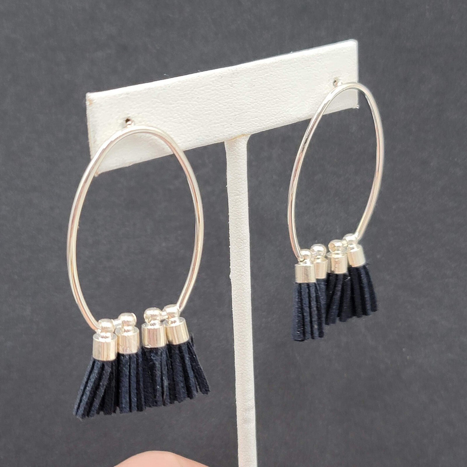Pierced Earrings Silver tone Open Hoop Black Tassel Drop 2 1/8"