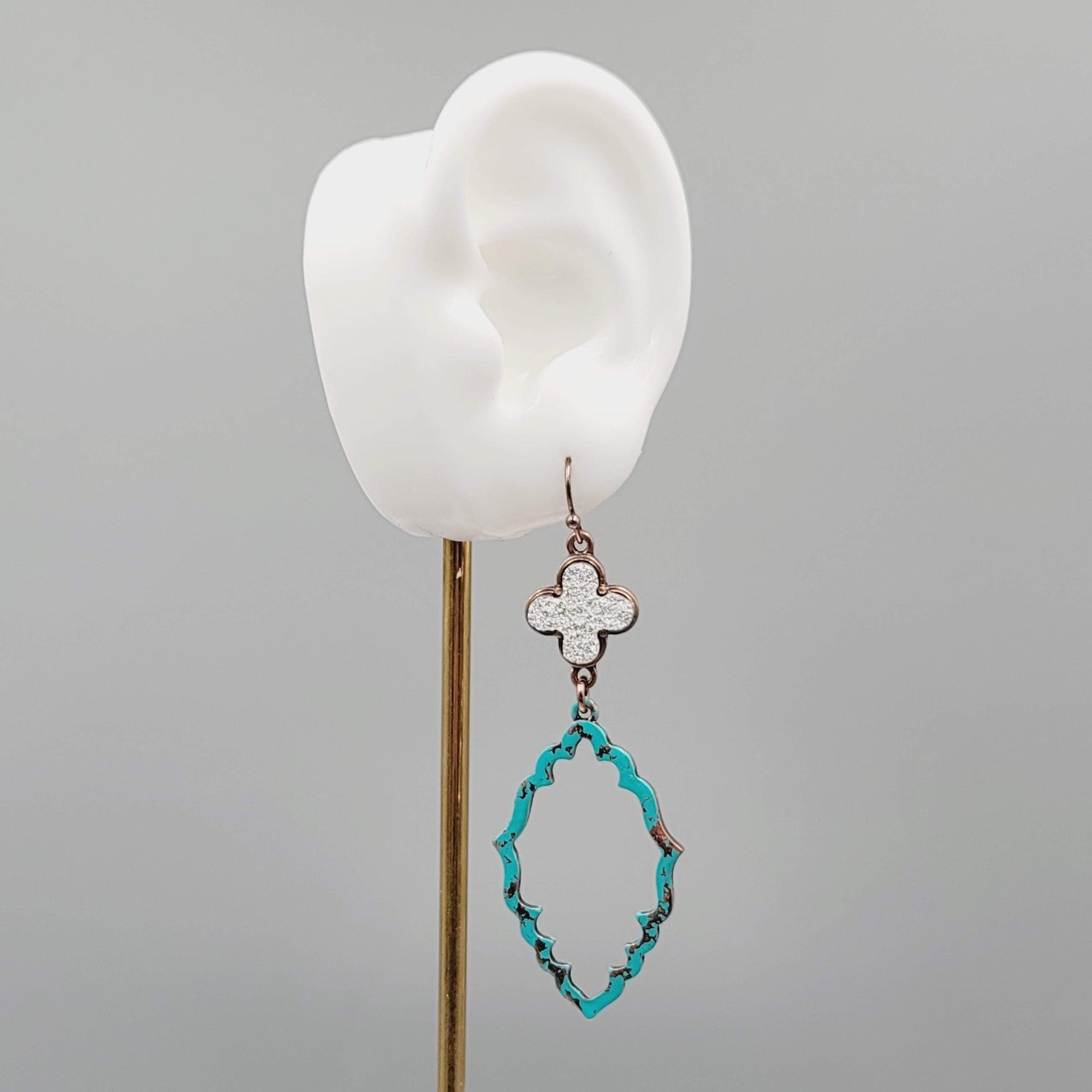 Blue Enamel Patina Dangle Pierced Earrings Silver tone Cross Copper tone 2.5"