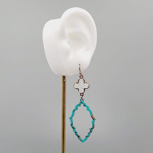 Blue Enamel Patina Dangle Pierced Earrings Silver tone Cross Copper tone 2.5"