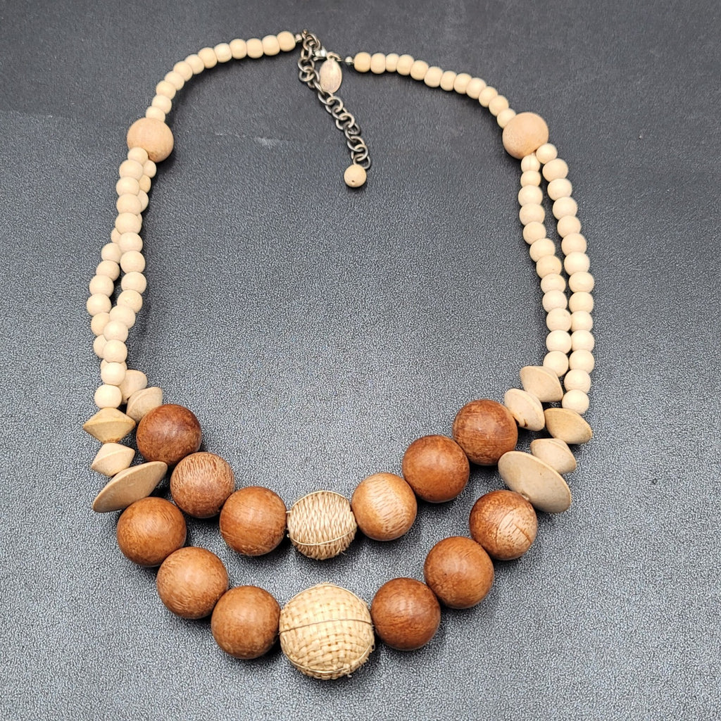 White House Black Market Graduated Wood Bead Double Strand Necklace 20"-22"