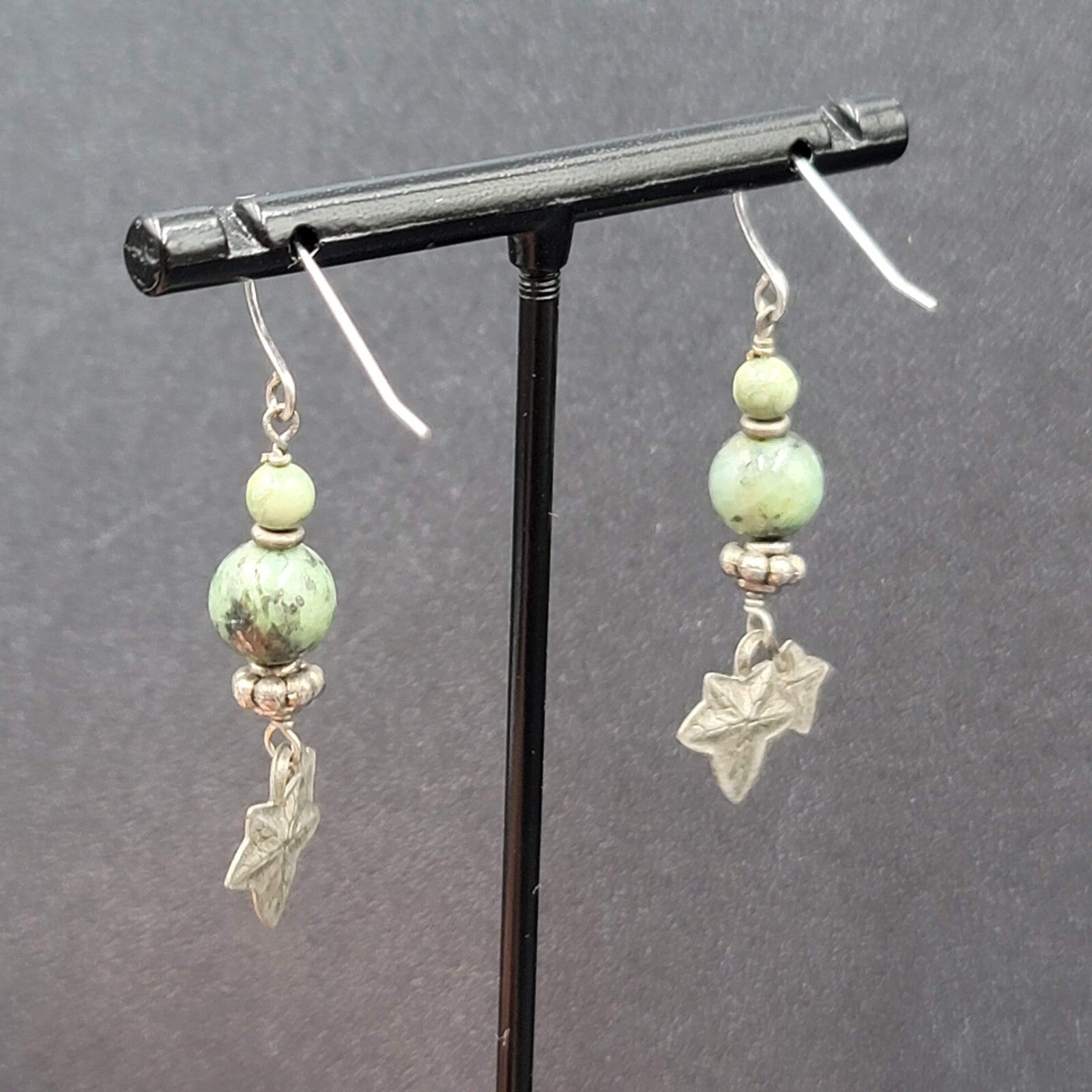 Pierced Earrings Silver tone Green Stone Dangle Leaves 1 3/8"