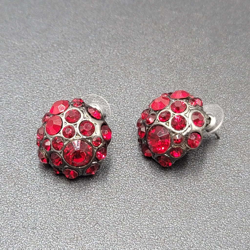 Pierced Earrings Dark Gray Metal Red Rhinestone Dome Drop Studs 3/4"