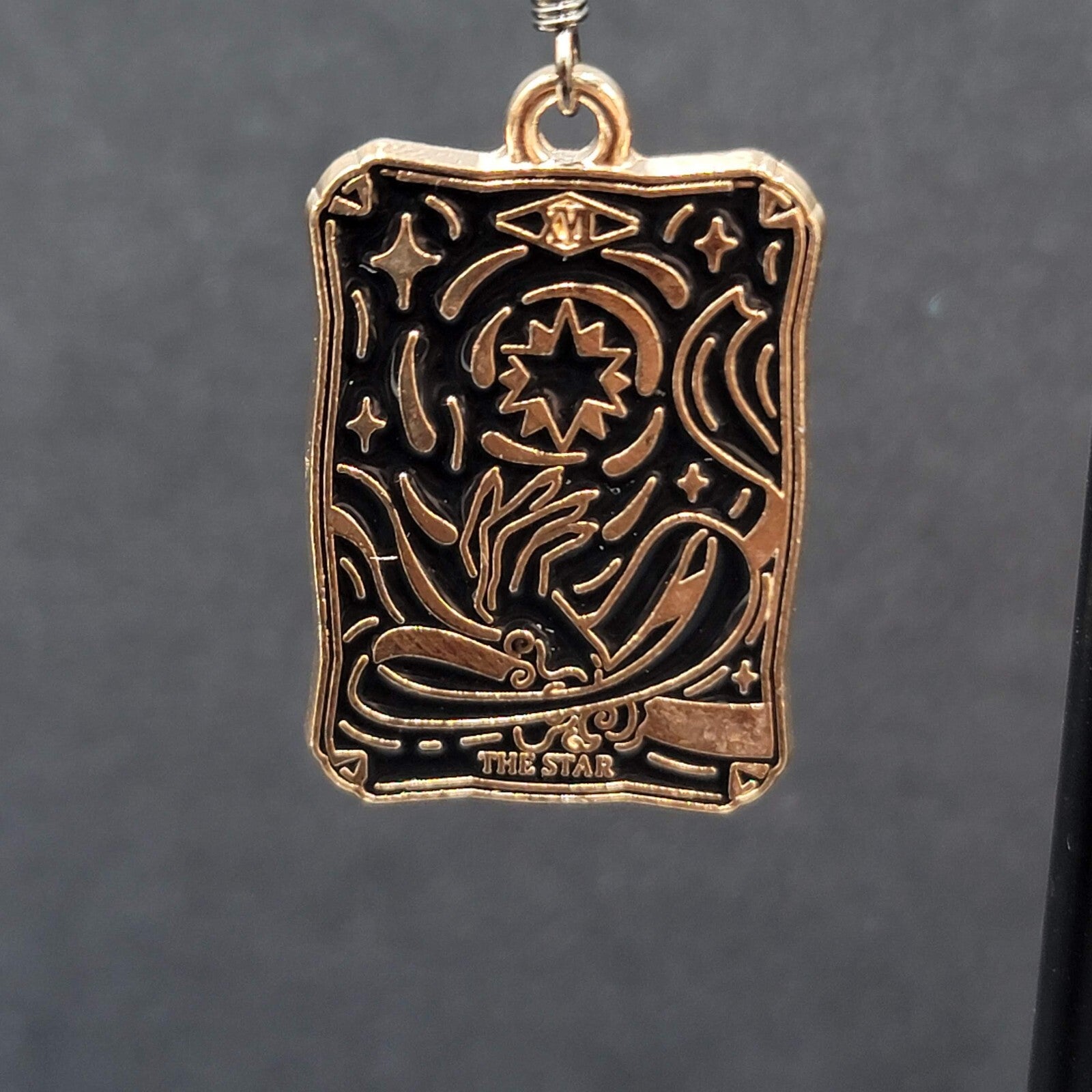 Tarot Card Pierced Earrings The STAR Gold tone Black 1"