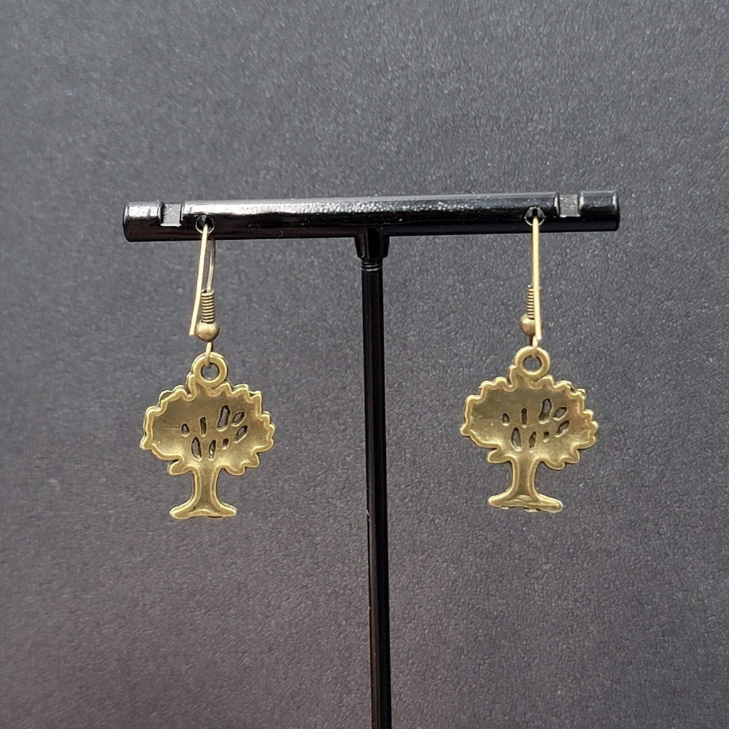 Tree Pierced Earrings Bronze tone Embossed Detail Dangle 7/8"
