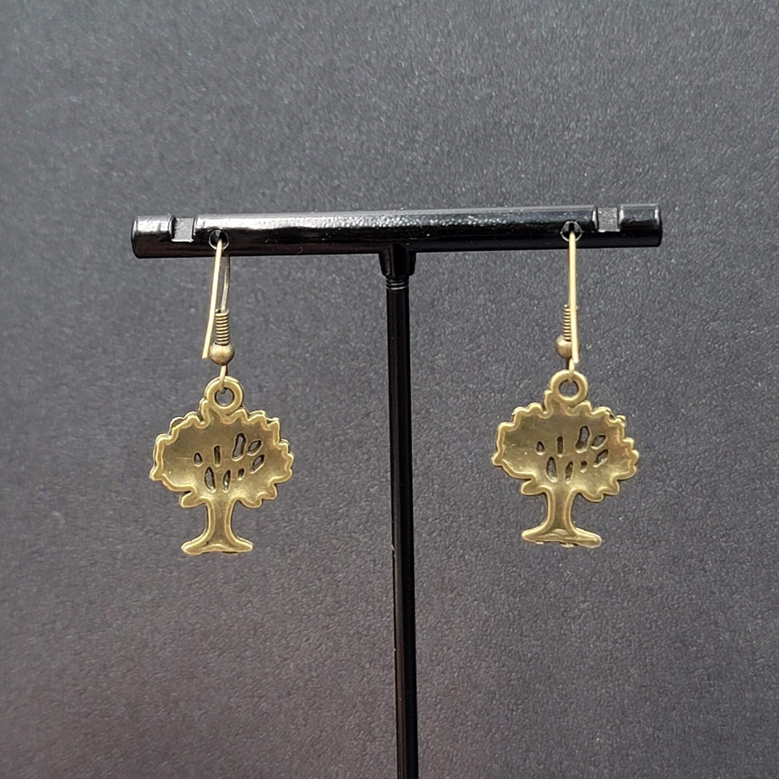 Tree Pierced Earrings Bronze tone Embossed Detail Dangle 7/8"