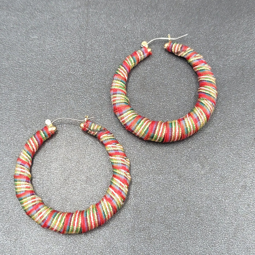Pierced Earrings Plaid Fabric Wrapped Large Hoops  2"