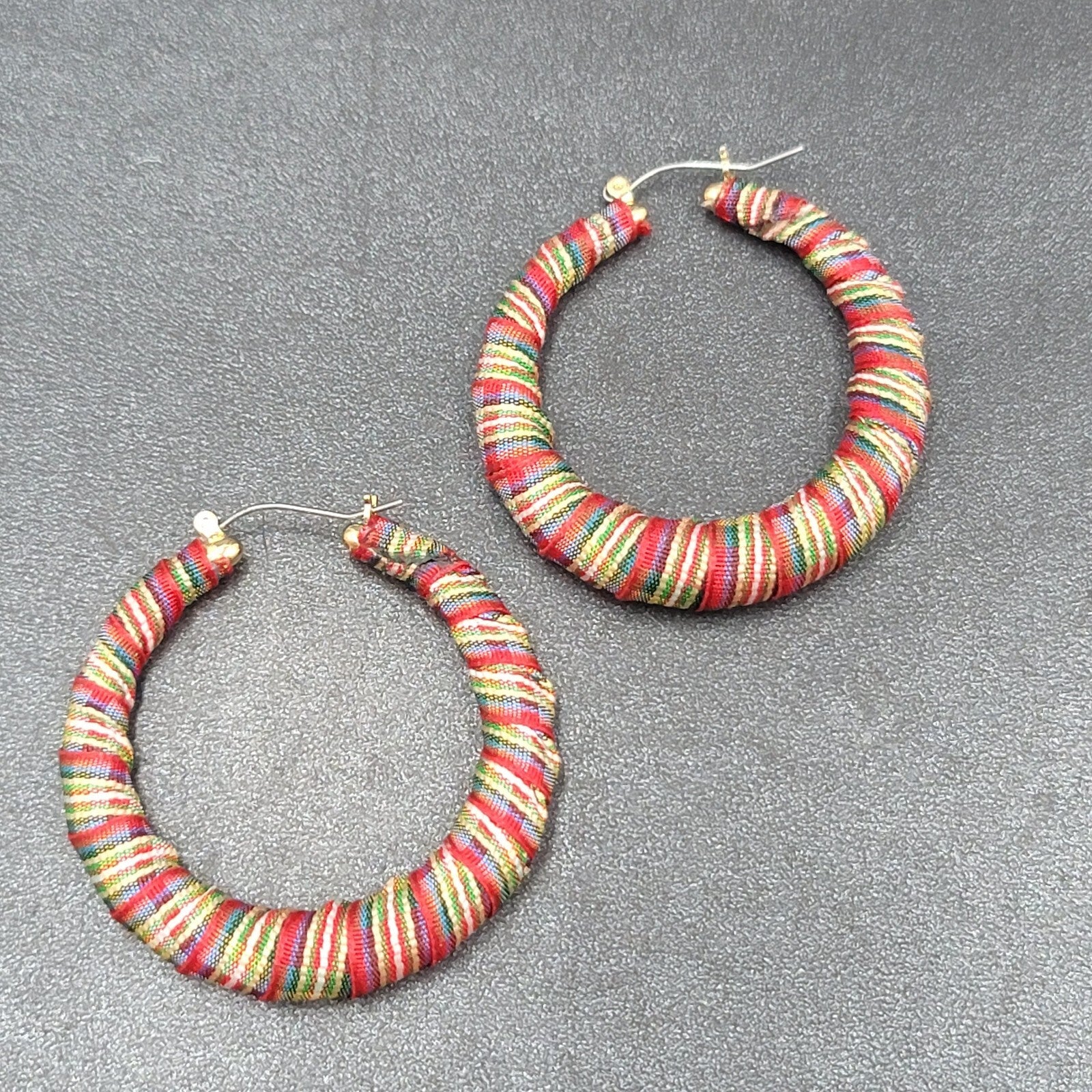 Pierced Earrings Plaid Fabric Wrapped Large Hoops  2"