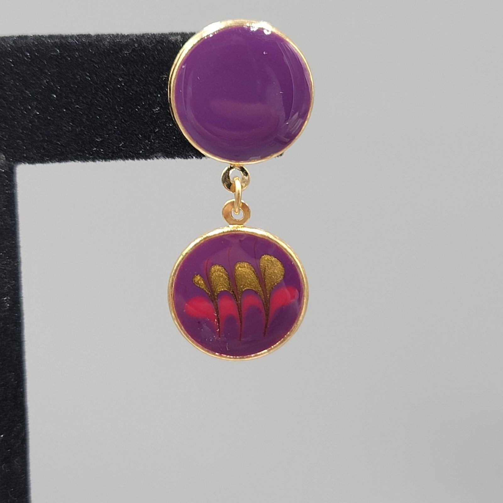 Vintage Pierced Earrings Purple Enamel Dangle Gold tone 1.5"