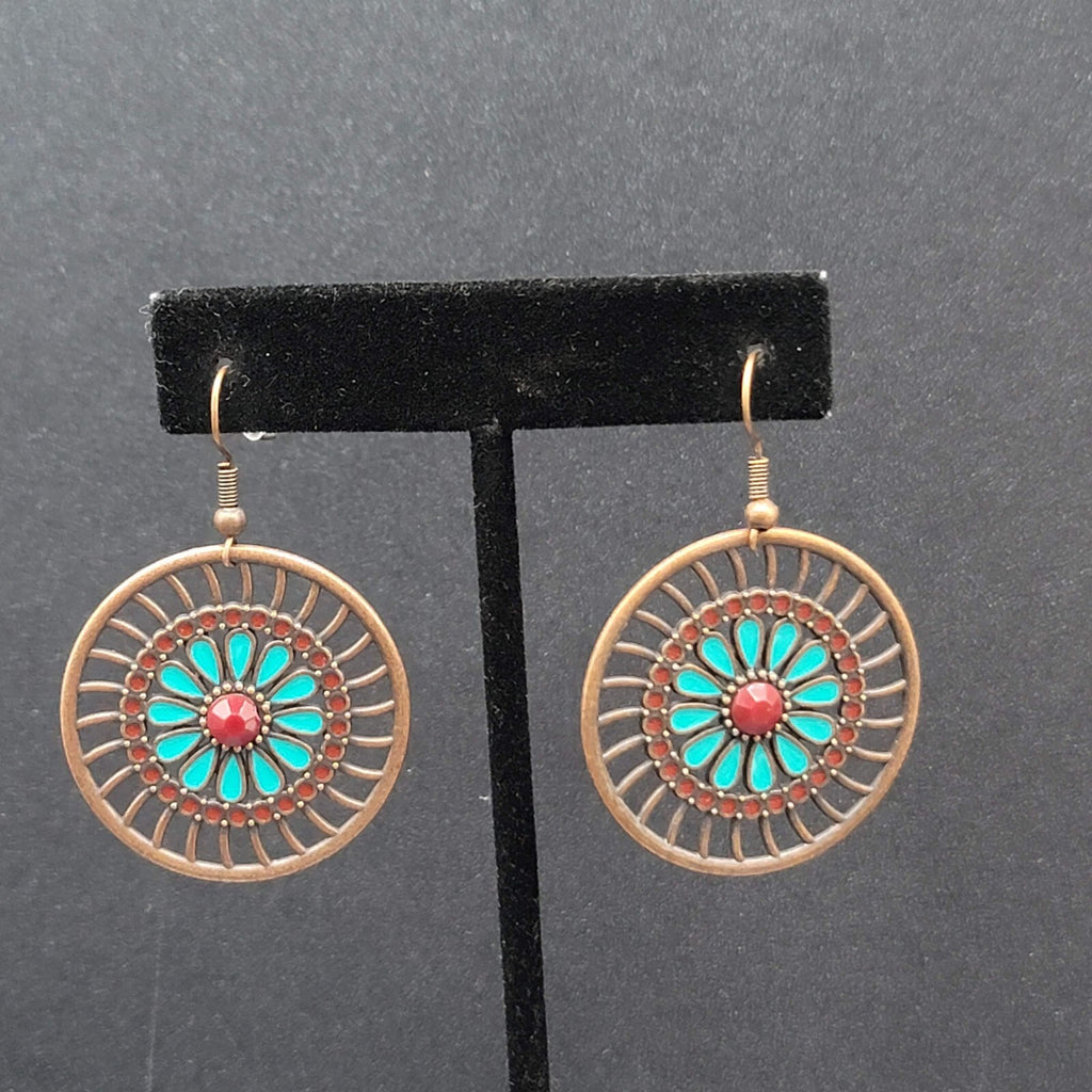 New Boho Pierced Earrings Bronze tone Blue Enamel Round Open Flower Dangle 1.25"