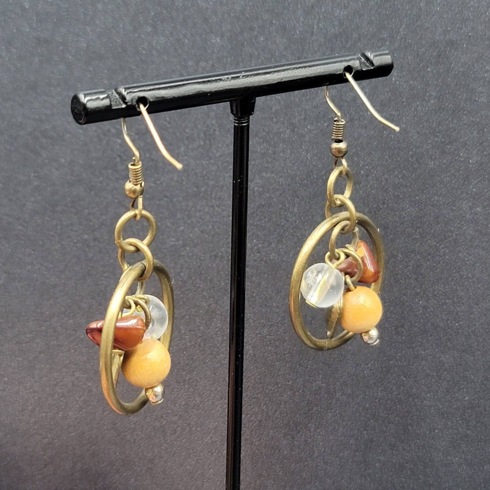 Pierced Earrings Bronze tone Heart Beaded Dangle 1"