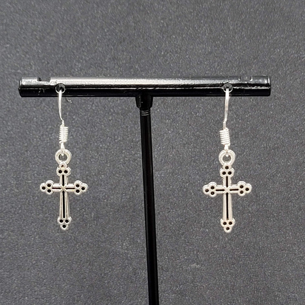 Pierced Earrings Cross Silver tone Dangle 7/8"
