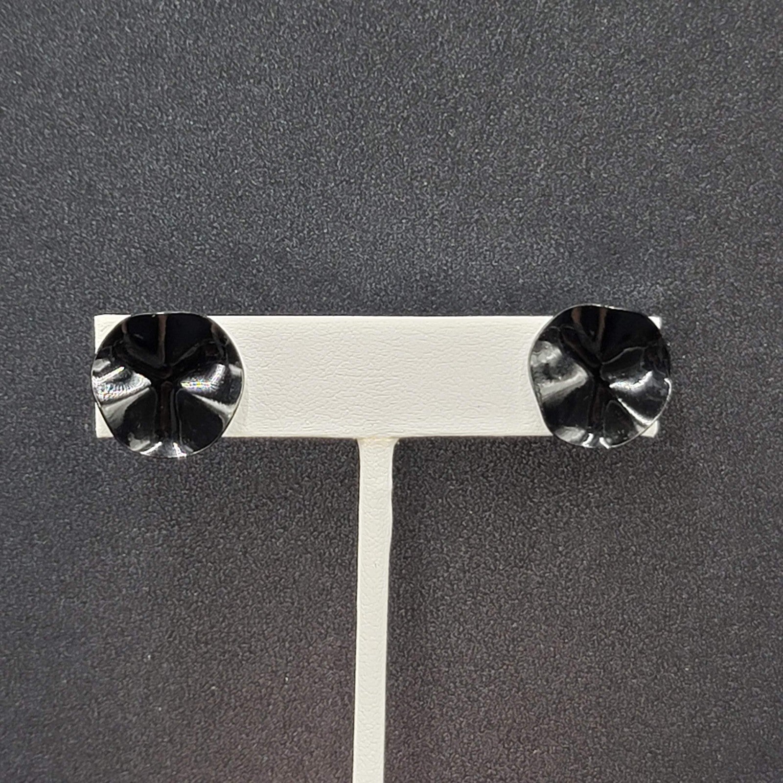 Vintage Pierced Earrings Black Enamel Wavy Round Studs 5/8"