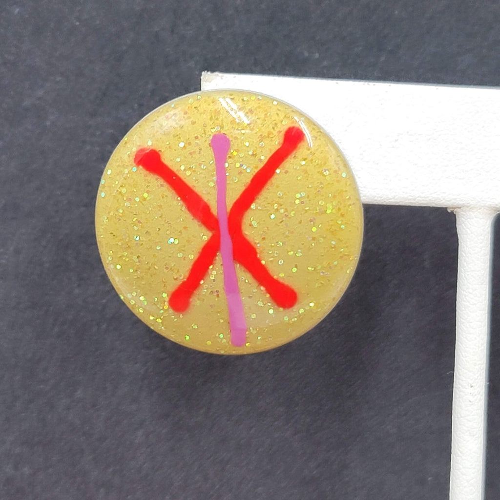 Vintage 1980s Pierced Earrings Glitter Enamel Red Purple Gold Disc Drop 1 1/8"