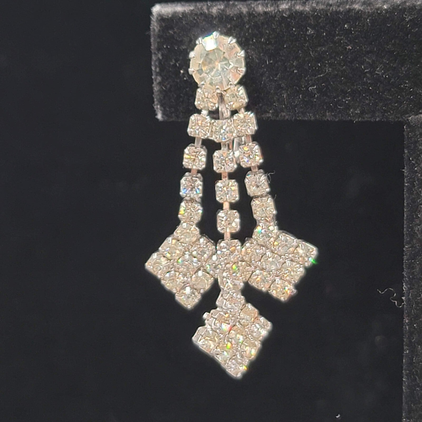 Vintage Rhinestone Clip on Earrings Dangle Silver tone 1.5" Length