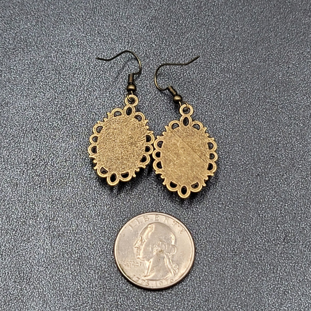 Pierced Earrings Bronze tone Real Photo Glass Cabochon Dangle 1.25"