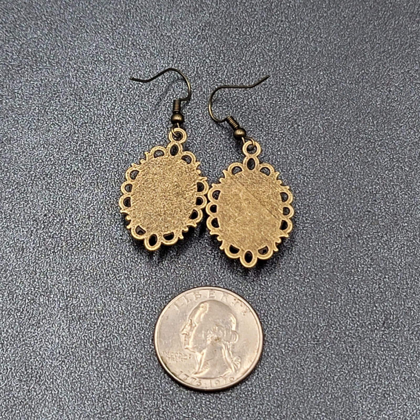 Pierced Earrings Bronze tone Real Photo Glass Cabochon Dangle 1.25"