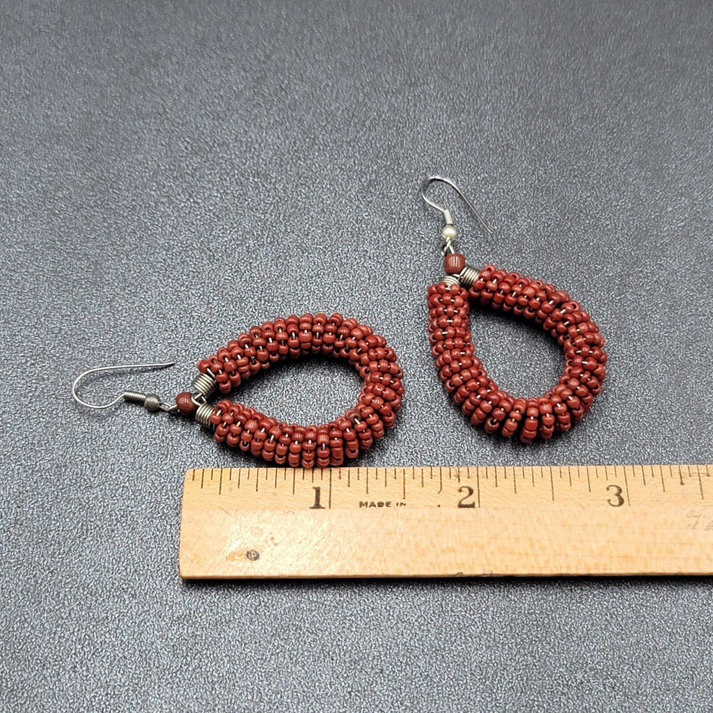 Pierced Earrings Brown Seed Bead Teardrop Hoops Dangle Silver tone 1.5"