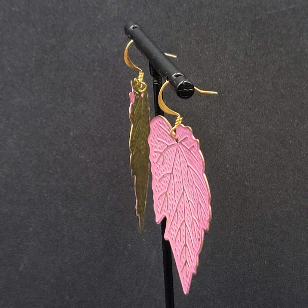 Pierced Earrings Gold tone Large Pink Dangle Leaves Statement 2"