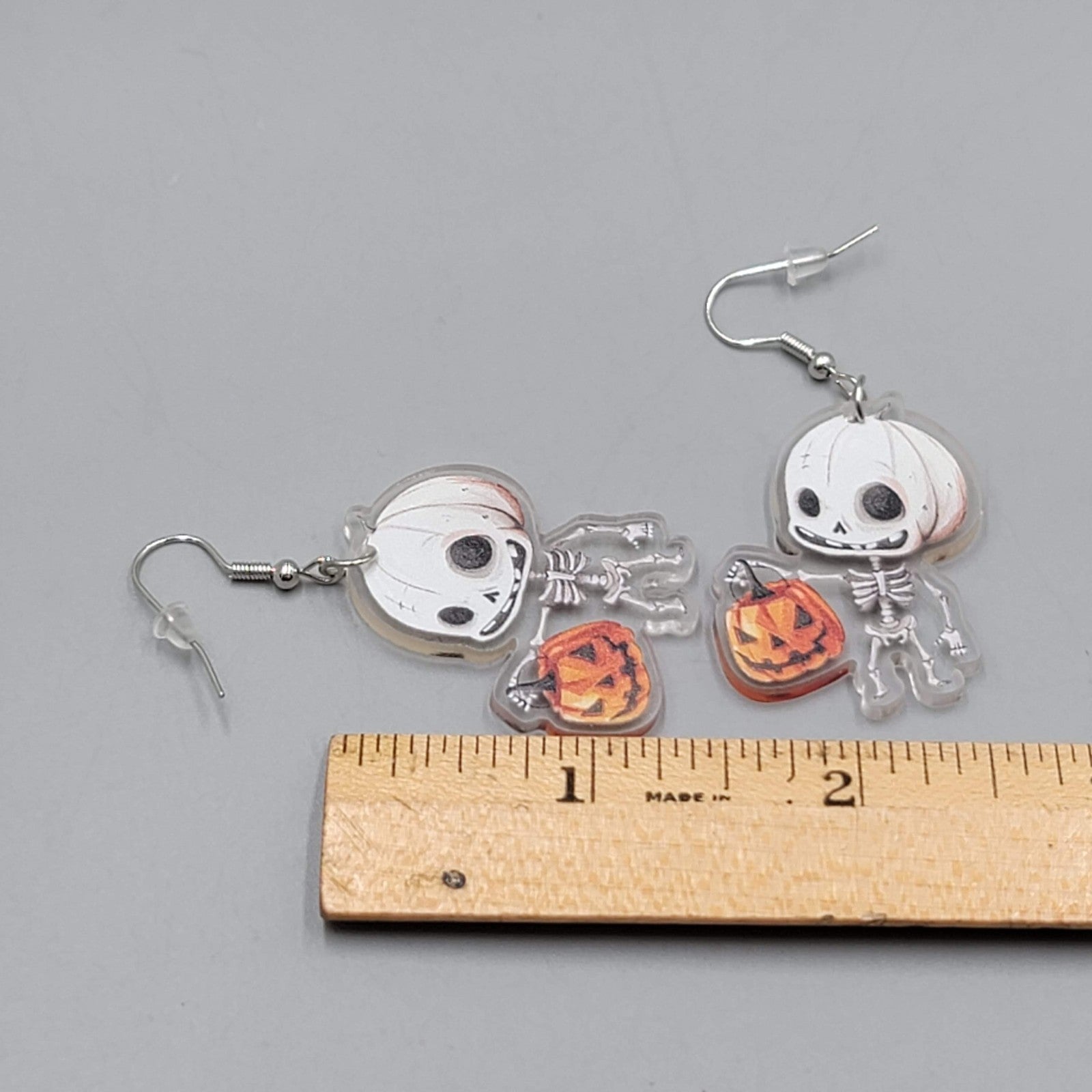 Halloween Trick or Treat Skeleton Pierced Earrings Silver tone Dangle 1.5 in