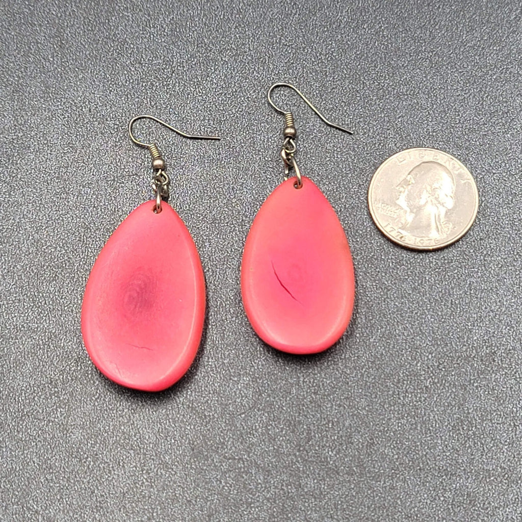 Pierced Earrings Red Dyed Tagua Nut Dangle Silver tone 1.75"