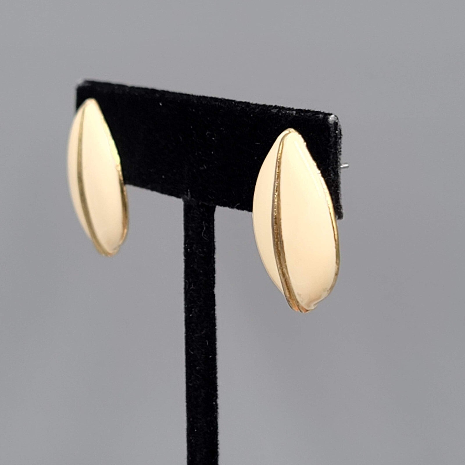 Vintage Pierced Earrings Gold tone Cream Enamel 7/8"