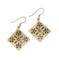 Pierced Earrings Gold tone Black Flower Motif Square Dangle 1"