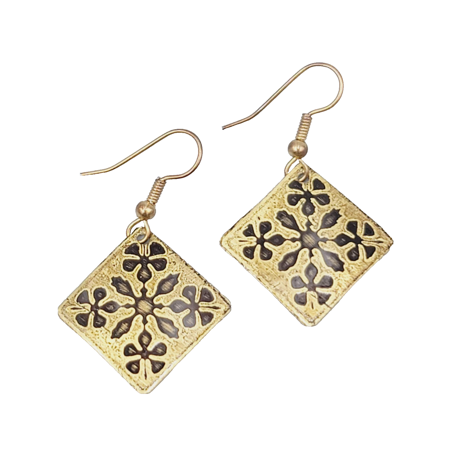 Pierced Earrings Gold tone Black Flower Motif Square Dangle 1"