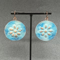 Pierced Earrings Copper tone Blue Enamel Flower Embossed Discs Dangle Boho 1.25"