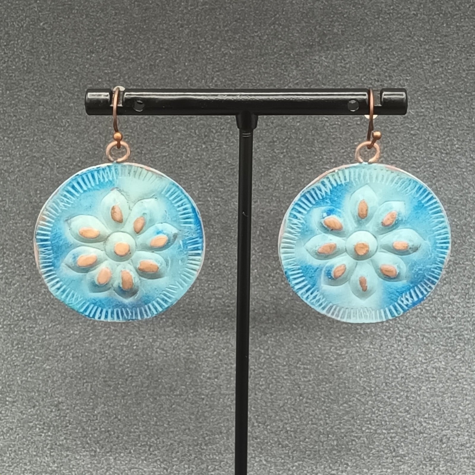 Pierced Earrings Copper tone Blue Enamel Flower Embossed Discs Dangle Boho 1.25"