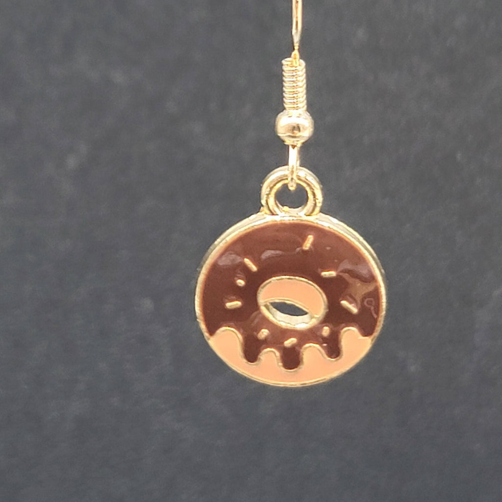 Chocolate Donut Pierced Earrings Gold tone Dangle New 3/4"