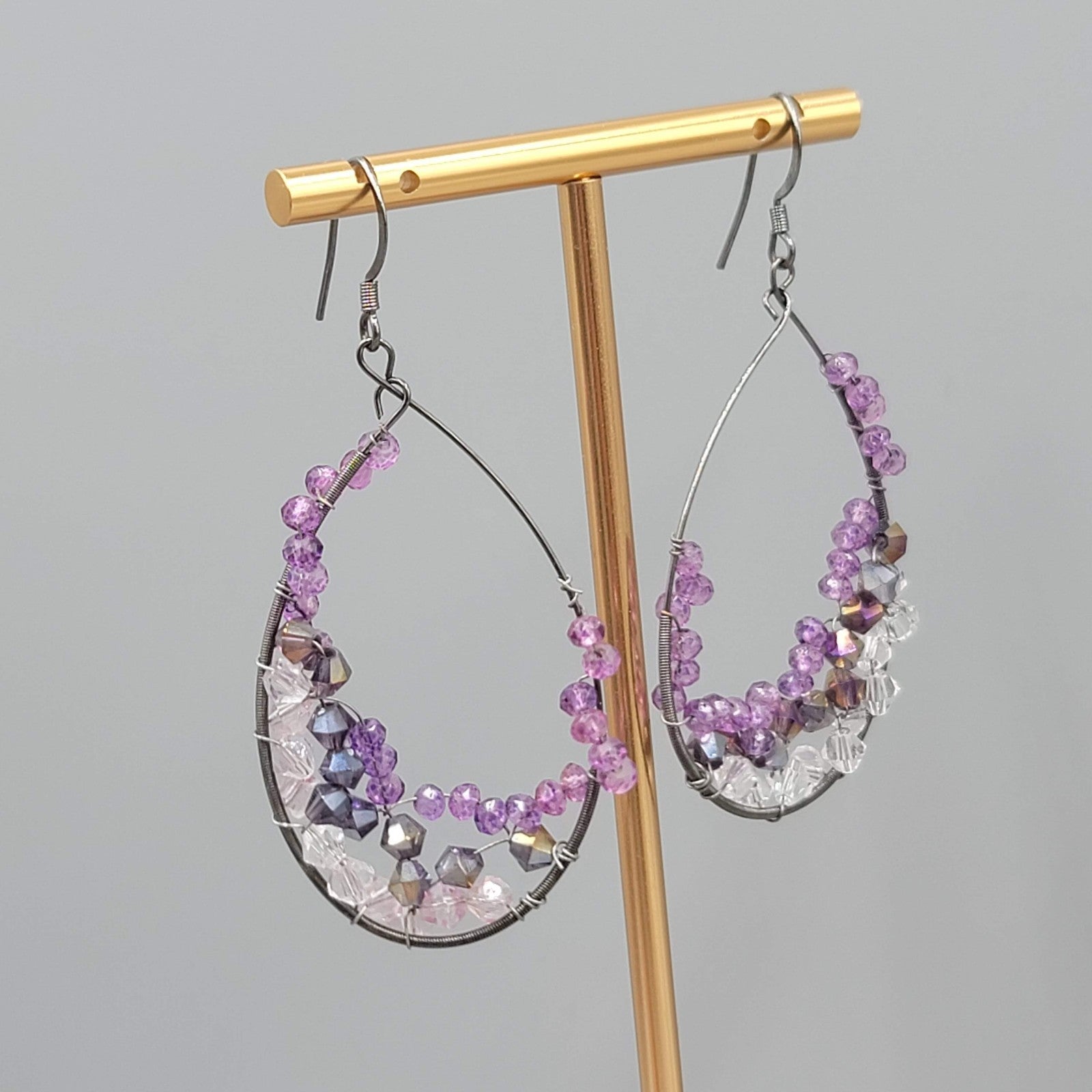 Purple Pink Gray Crystal Wrapped Teardrop Hoops Pierced Earrings 2 in