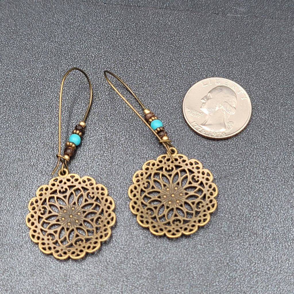 New Boho Pierced Earrings Antiqued Gold tone Blue Beas Enamel Mandala 2.75"