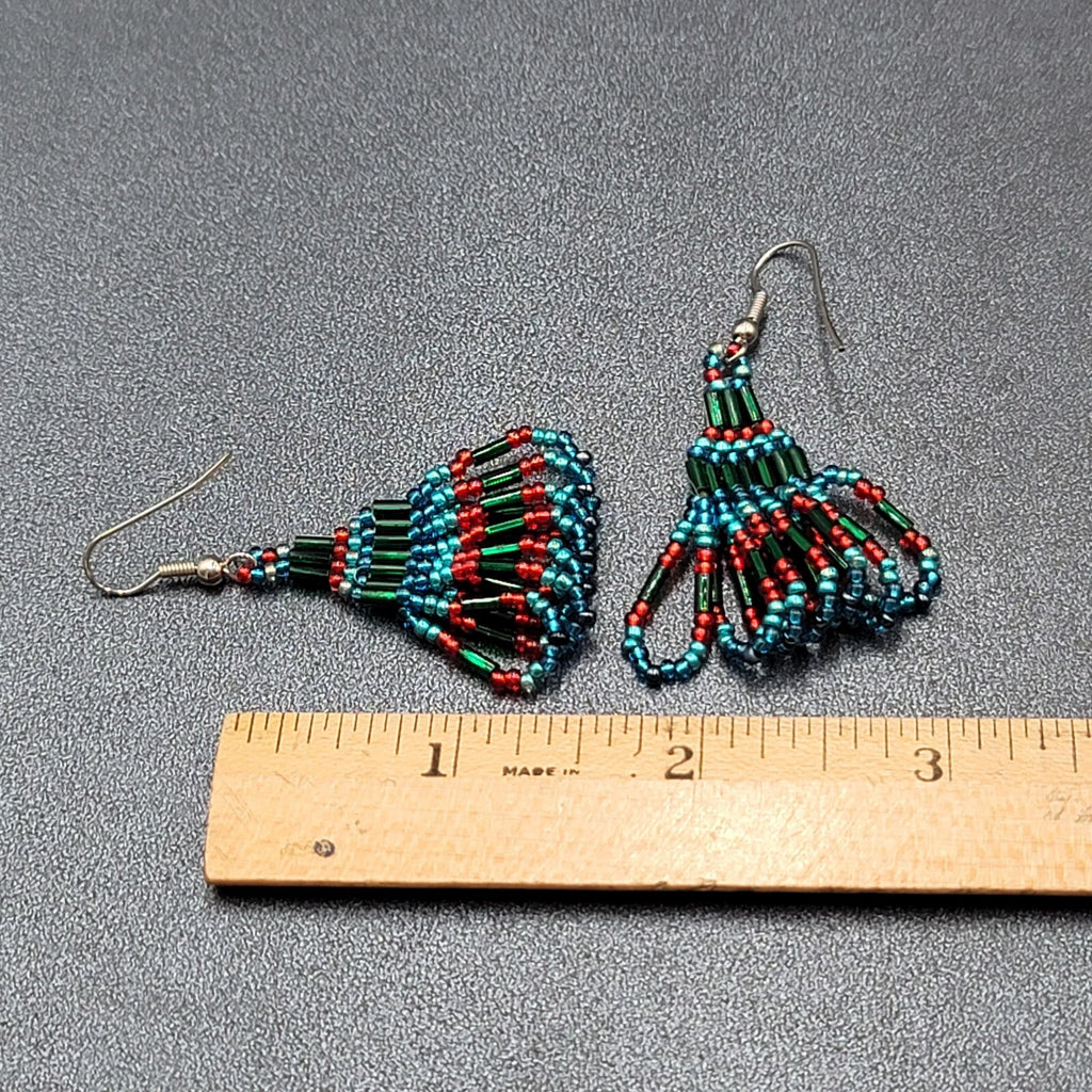 Vintage Pierced Earrings Silver tone Blues Purple Seed bead Dangle 1.5"