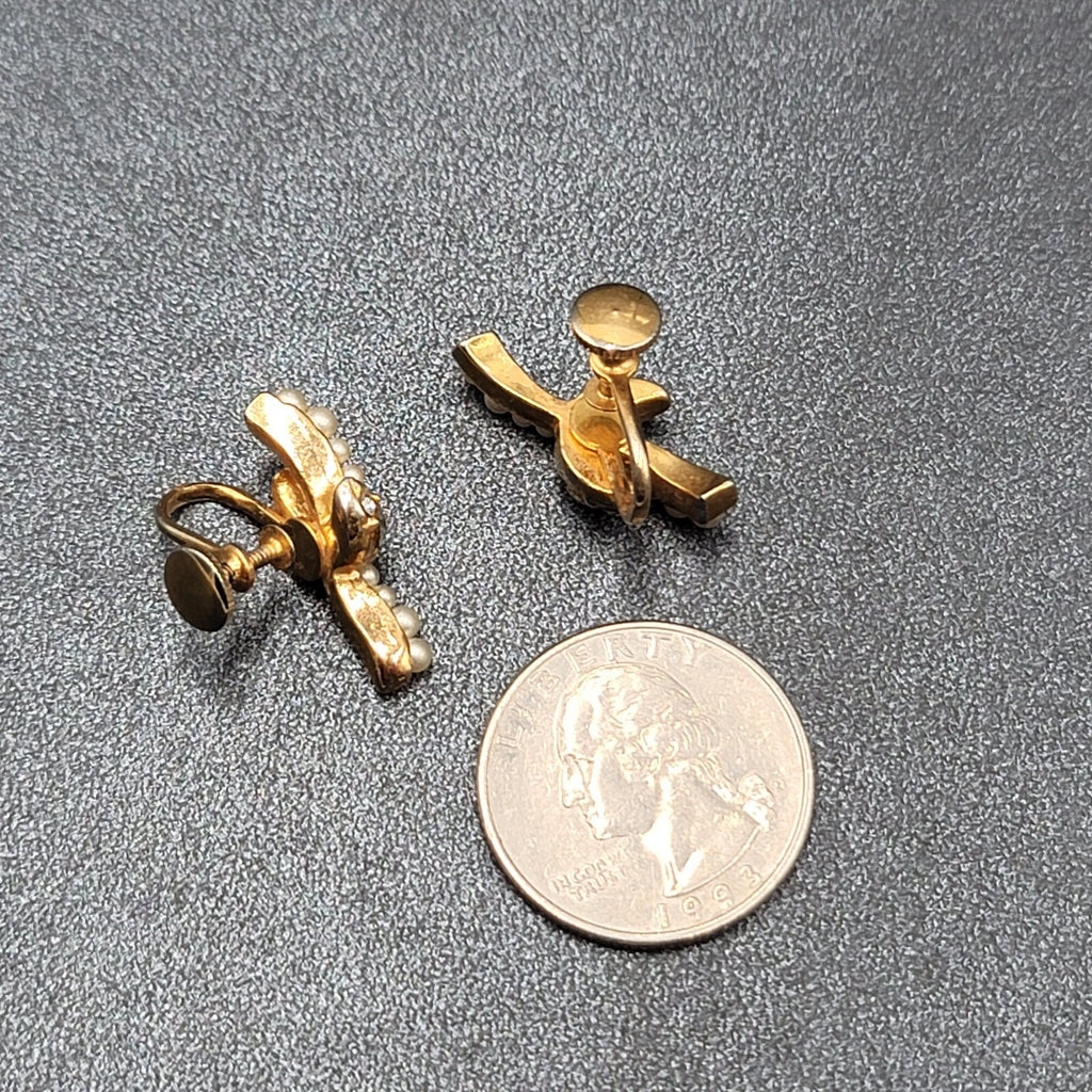 Vintage Clip on Earrings Gold tone Rhinestone Drop 7/8"