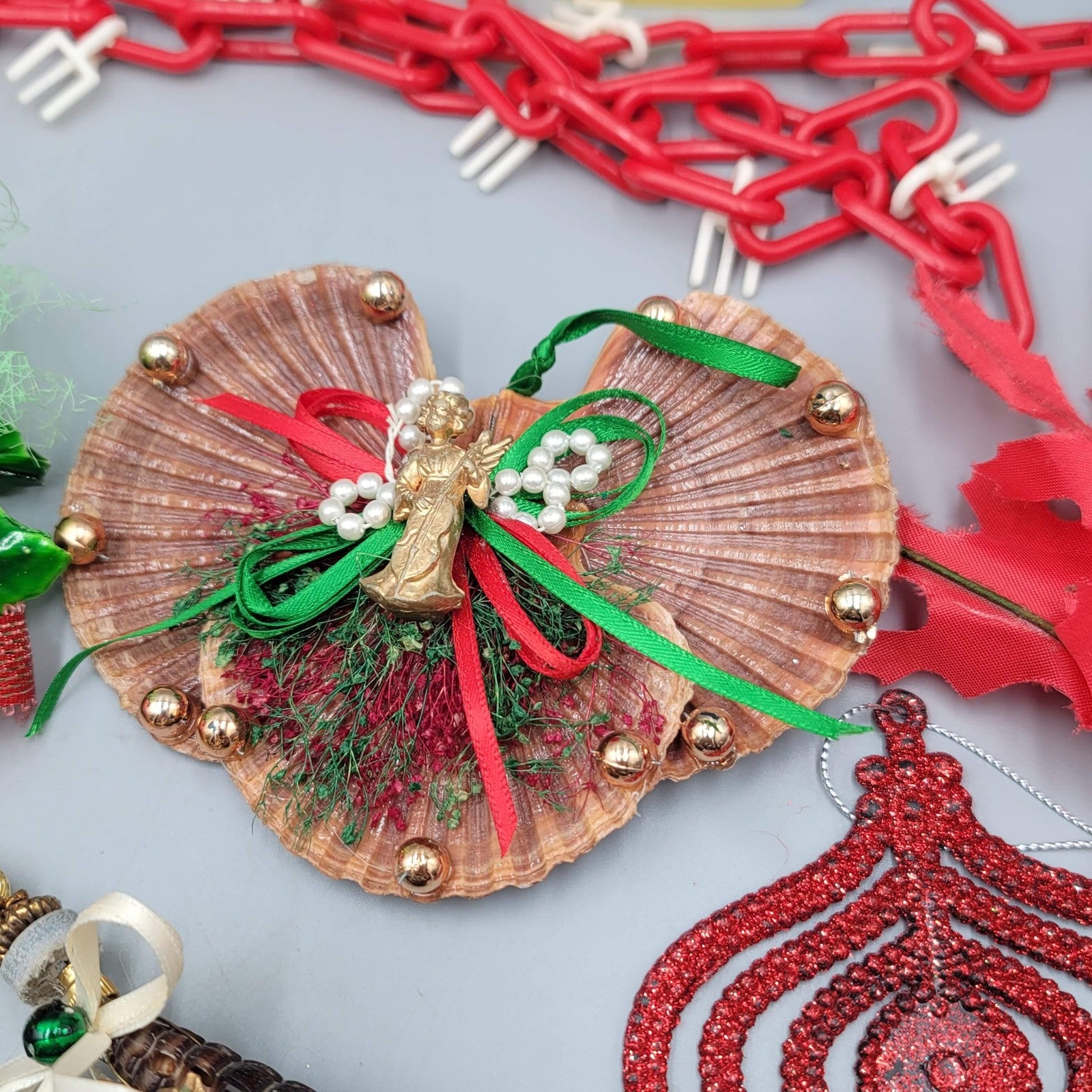 Vintage Christmas Ornaments Lot Red Plastic Chain Snowman Shell Angel