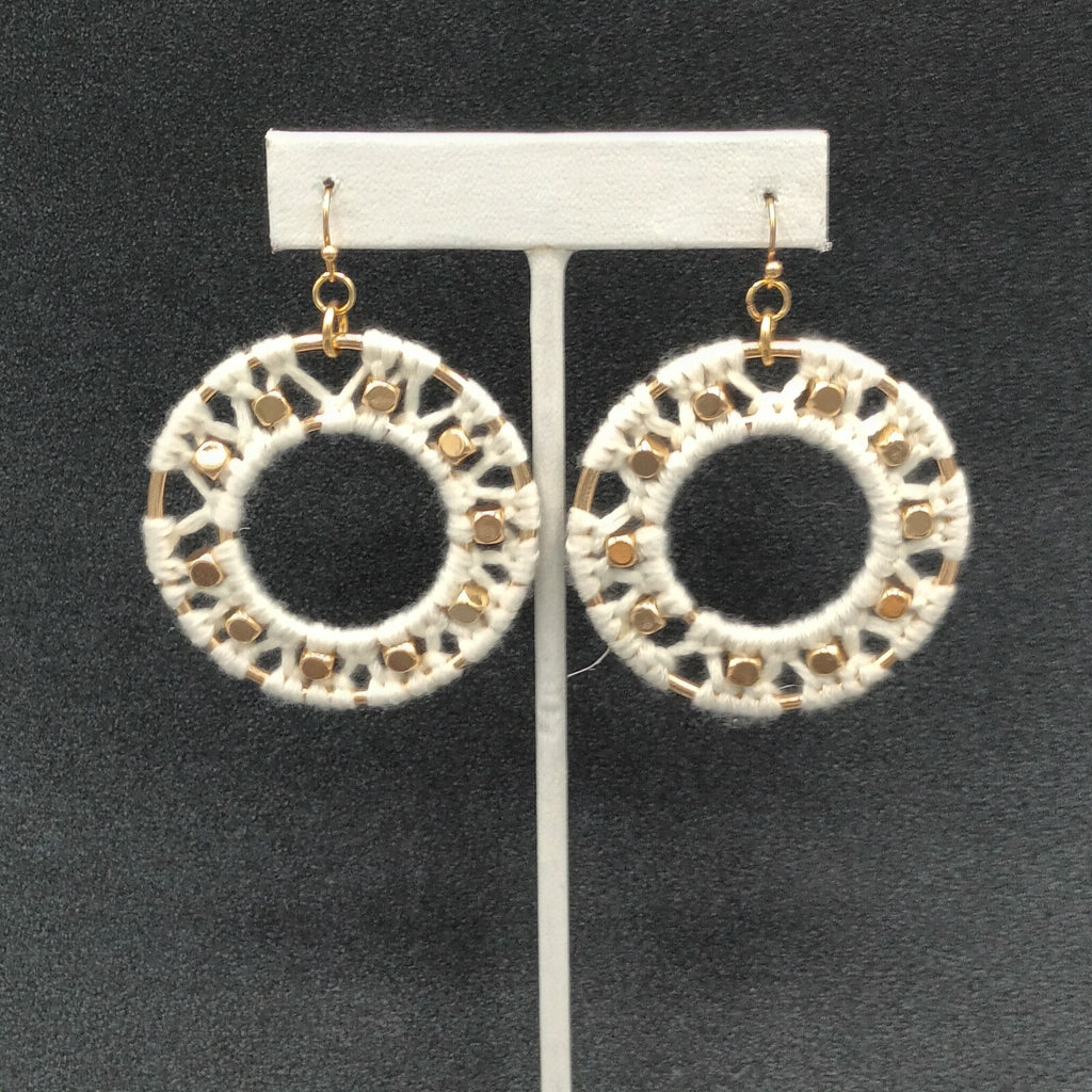 Pierced Earrings Gold tone Dangle Hoops White String Accents  Boho 2"