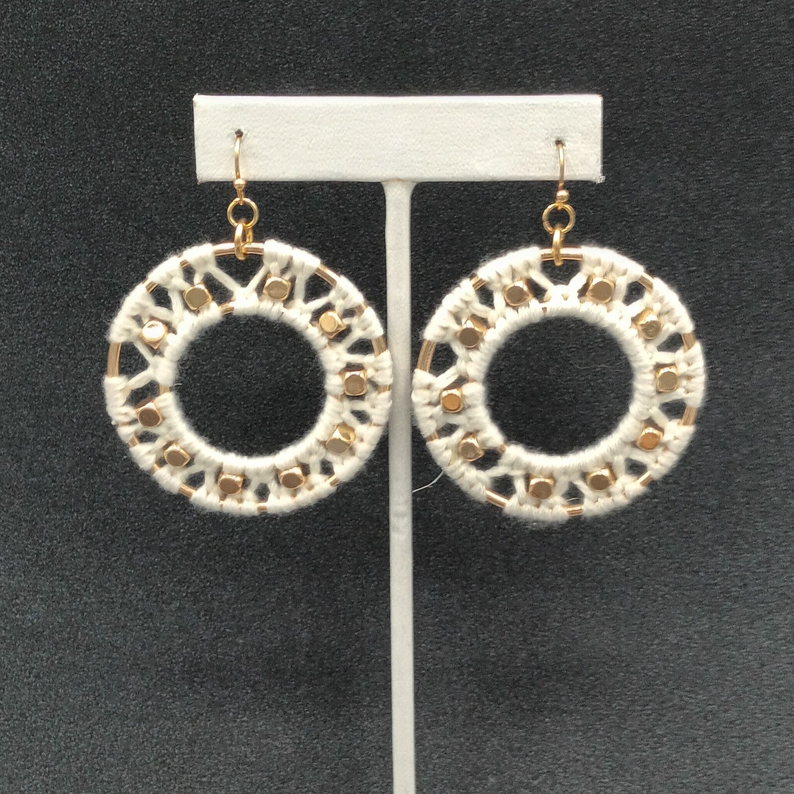 Pierced Earrings Gold tone Dangle Hoops White String Accents  Boho 2"