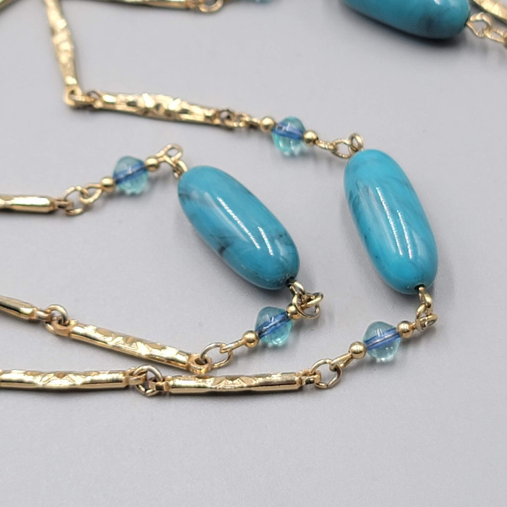 Vintage Sarah Cov Long Station Necklace Blue Bead Gold tone Bar Chain 36"