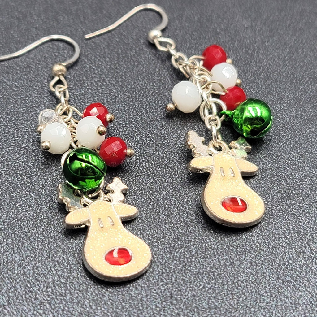 Christmas Pierced Earrings Silver tone Reindeer Jingle Bells 2"