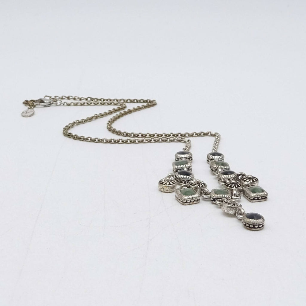 Necklace Silver tone Green Black Acrylic Dangle Signed Well Made 16" - 18”
