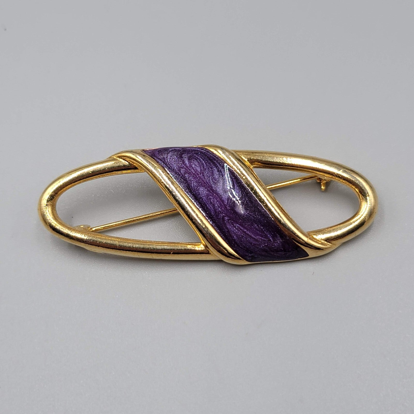 Vintage Purple Enamel Gold-Tone Brooch Open Oval Design 2.5"