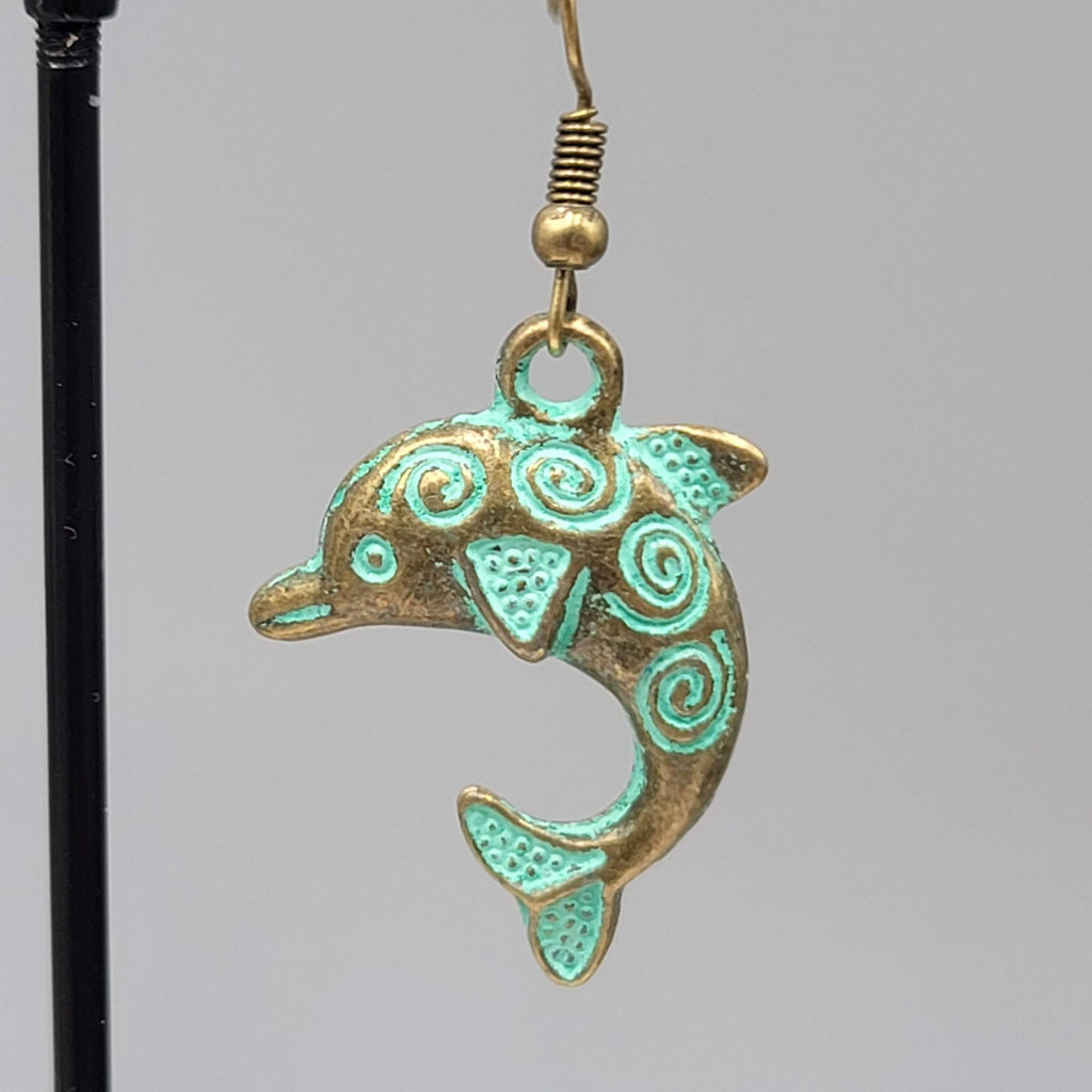 Dolphin Beach Sea life Pierced Earrings Bronze tone Green wash Dangle 1.25"