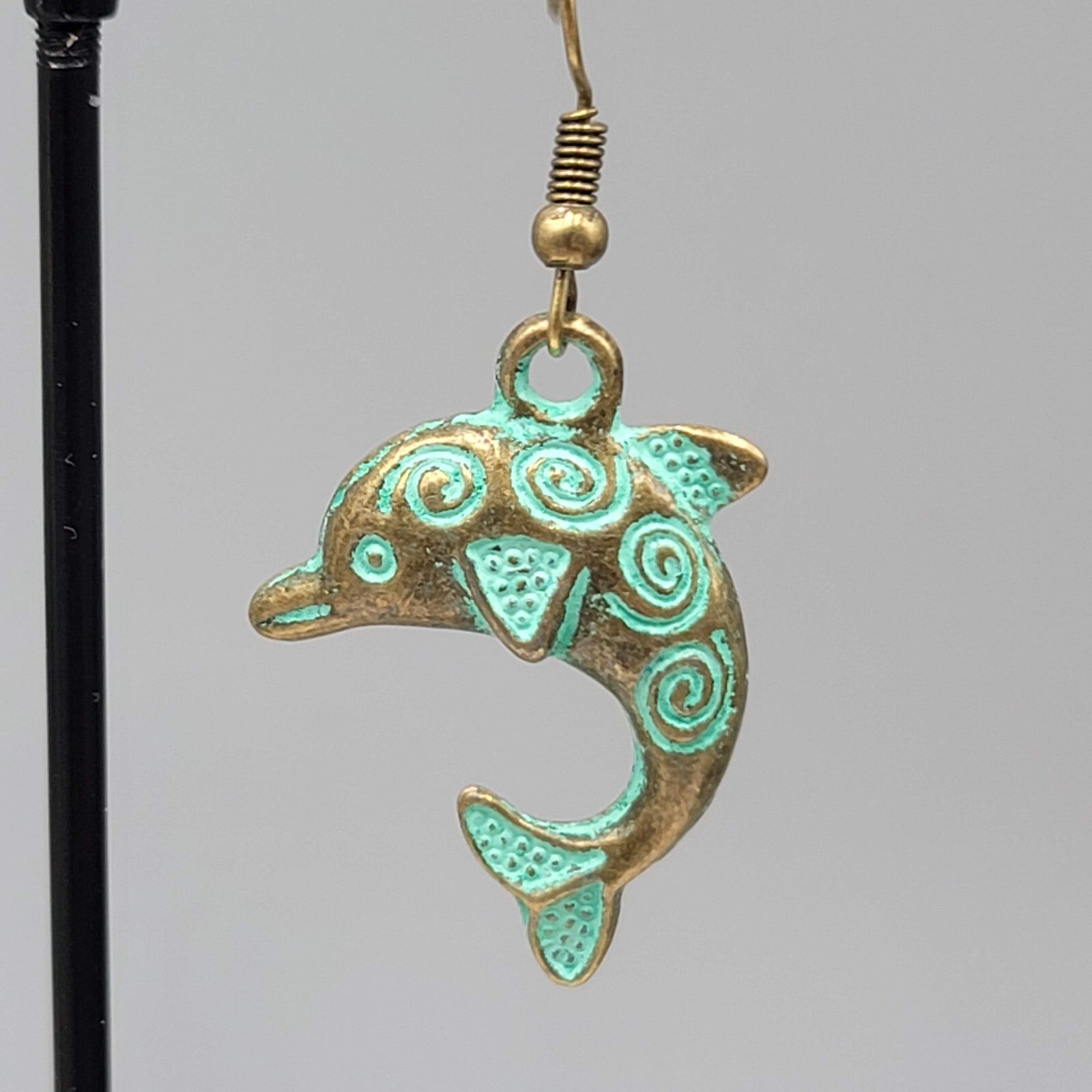 Dolphin Beach Sea life Pierced Earrings Bronze tone Green wash Dangle 1.25"