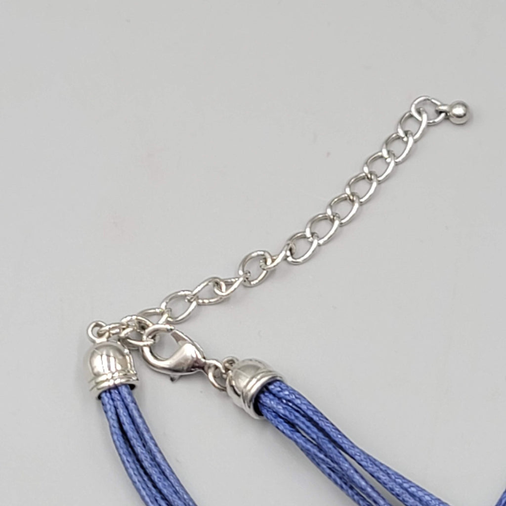 Long Necklace Blue Cord Silver tone Rhinestones 28"