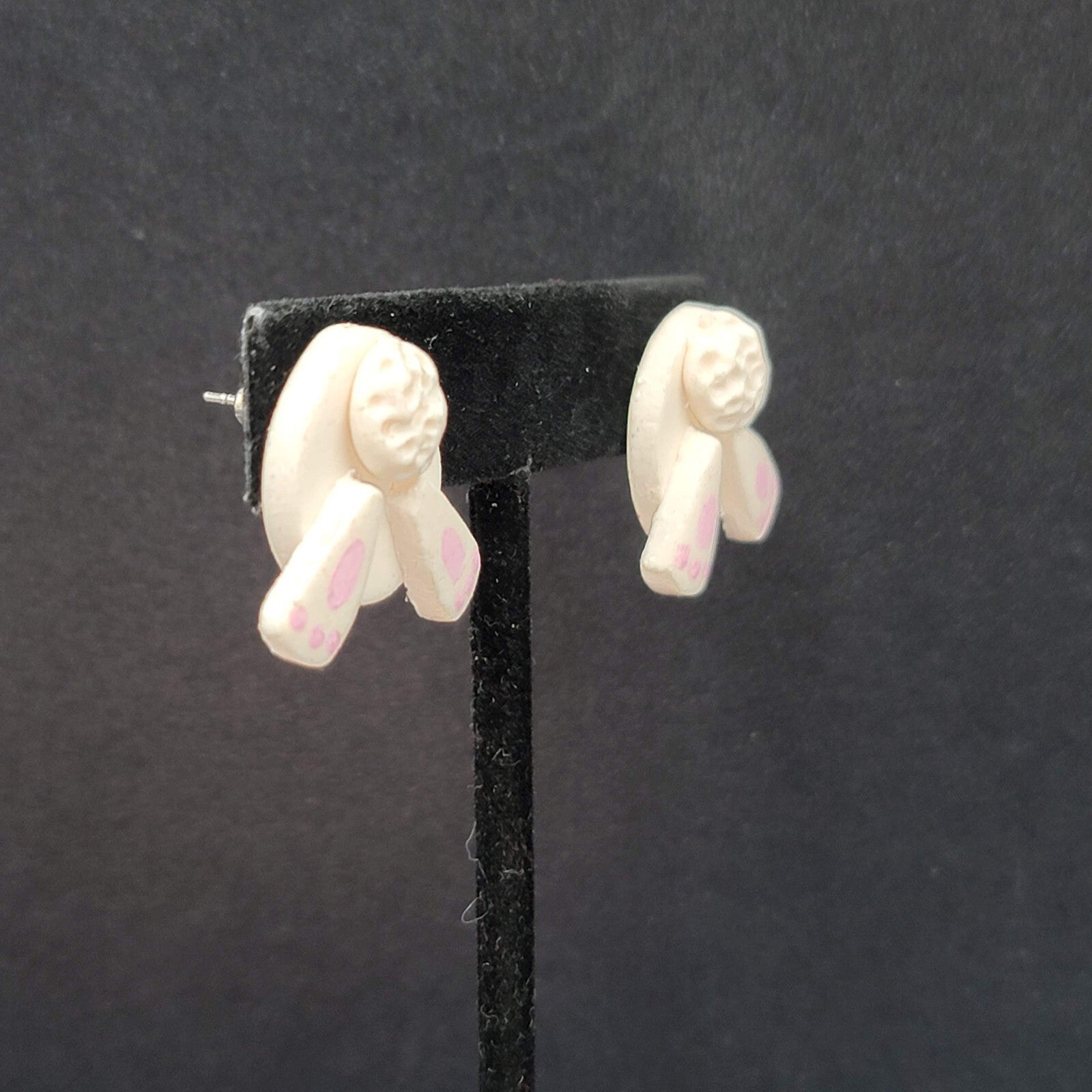 Vintage Pierced Earrings White Bunny Tail Feet Easter Novelty Earrings 1"