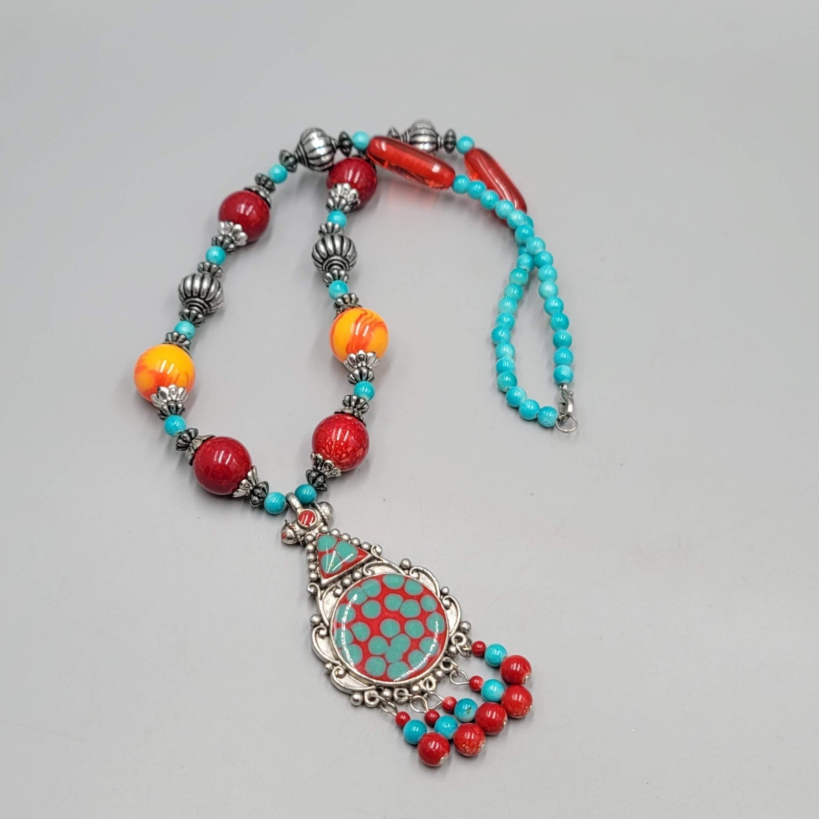 Statement Bead Necklace Red Yellow Blue Silver tone Unique Unusual 22"