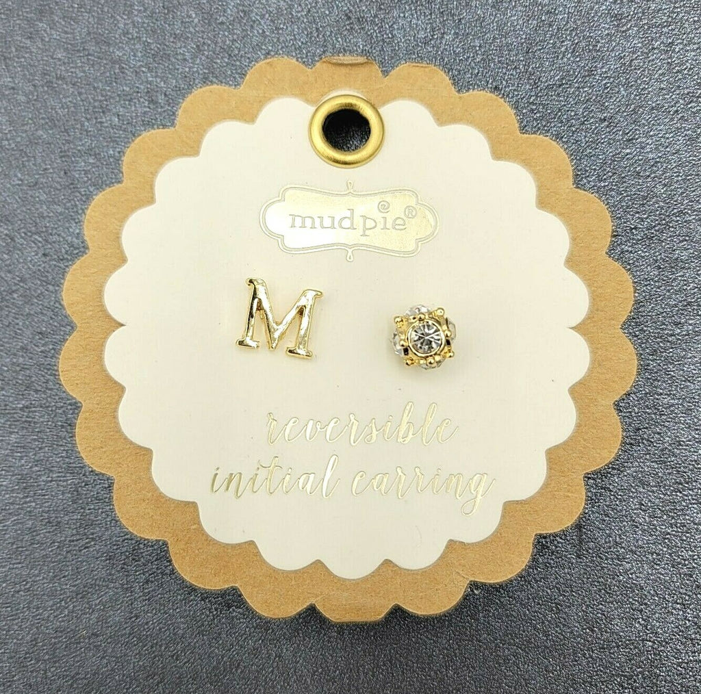 Mud Pie Gold tone Initial Letter M Reversible Crystal Pierced Stud Earrings
